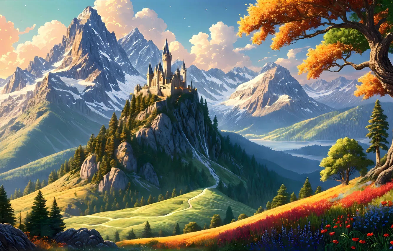 Photo wallpaper trees, landscape, mountains, castle, digital art, AI art, The Art of Artificial Intelligence, neural network