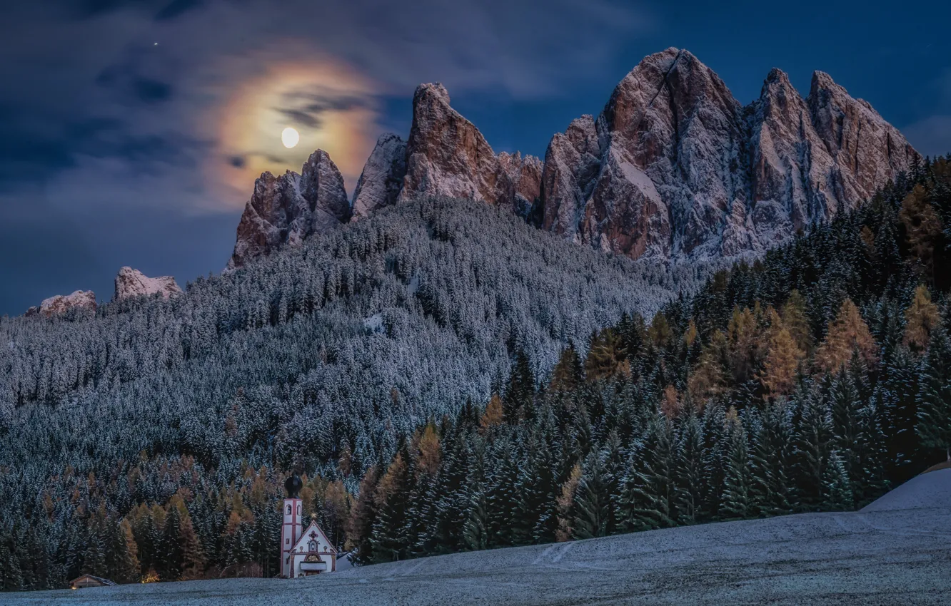 Photo wallpaper winter, forest, mountains, Alps, Church