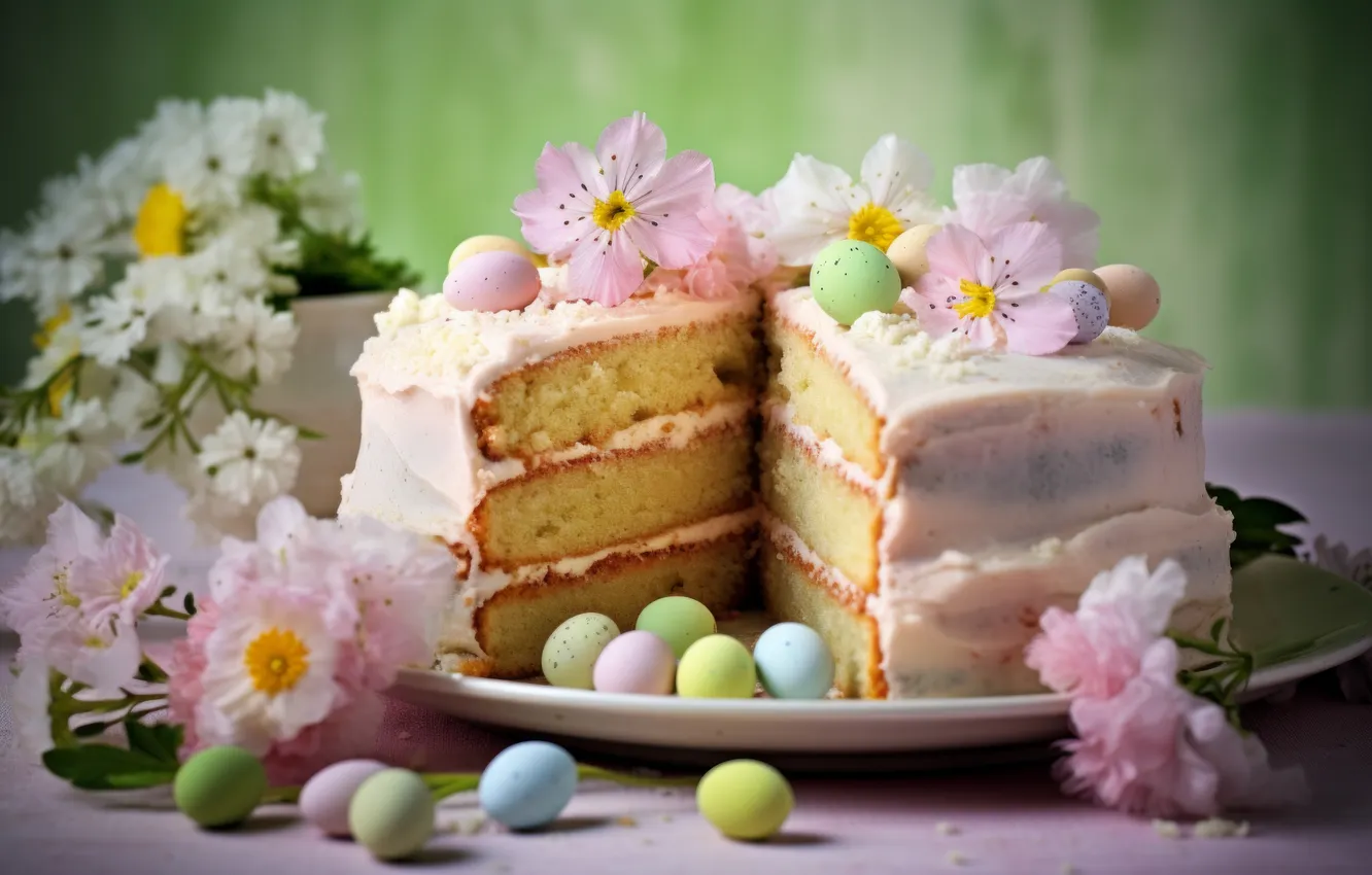 Photo wallpaper flowers, table, holiday, eggs, bouquet, spring, plate, candy
