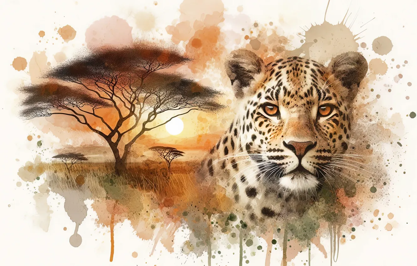 Photo wallpaper look, face, paint, portrait, leopard, white background, imitation of watercolor, imitation painting