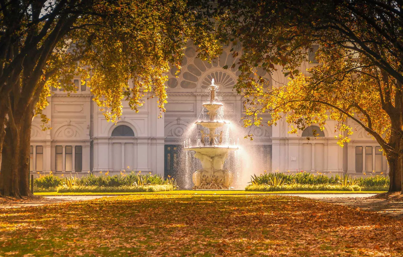 Photo wallpaper autumn, Australia, fountain, Melbourne, Royal exhibition building, The Carlton gardens