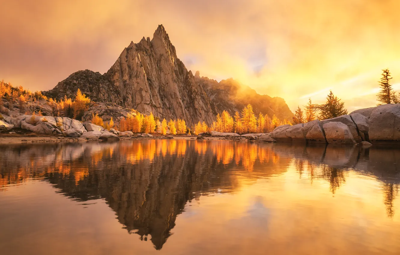 Photo wallpaper trees, landscape, nature, water, mountains, clouds, lake, rocks