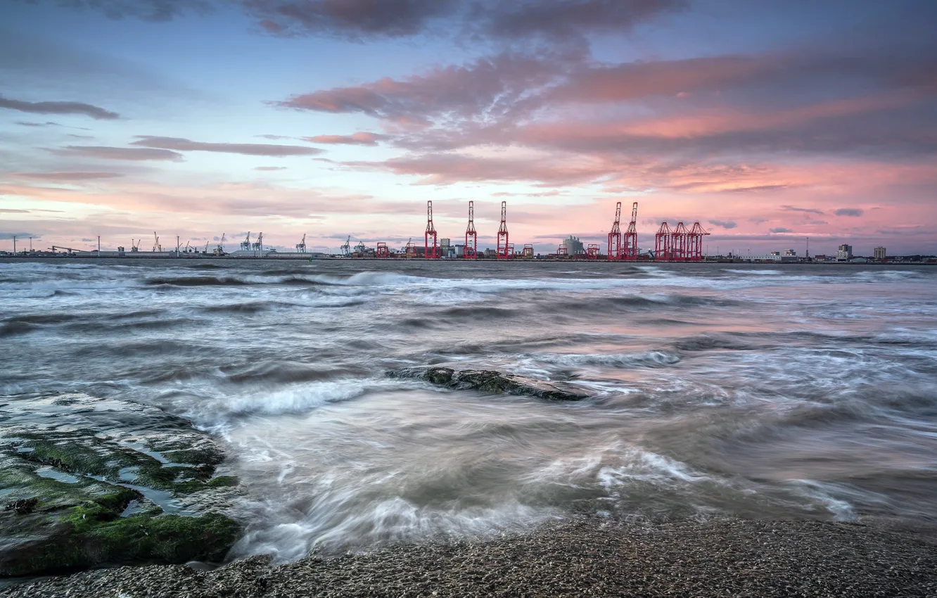 Photo wallpaper beach, sunset, water, Liverpool, Docks, New Brighton, Cranes, River Mersey