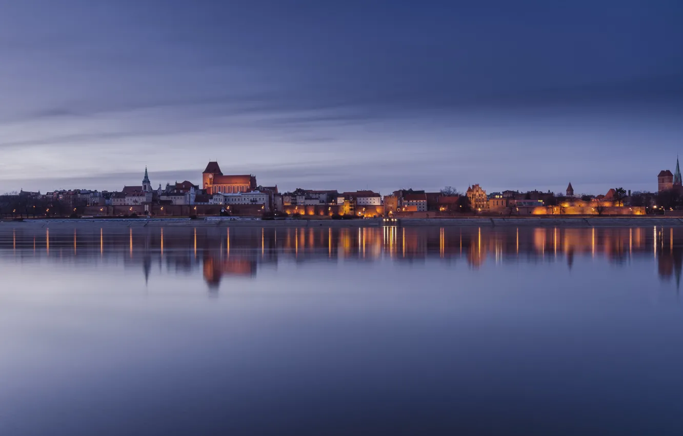 Photo wallpaper city, the city, lights, lights, reflection, river, Church, river