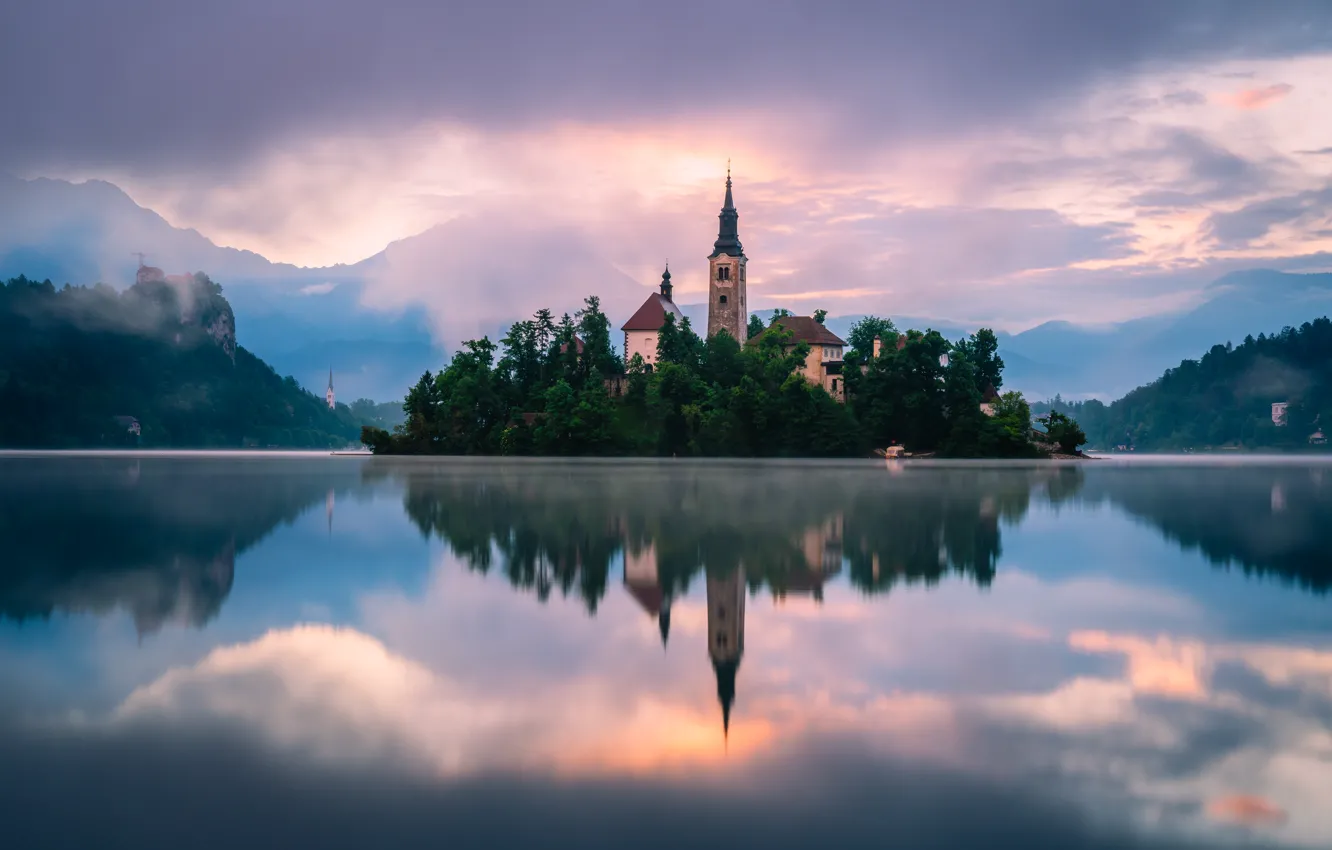 Photo wallpaper clouds, lake, reflection, island, Church, Slovenia, Bled