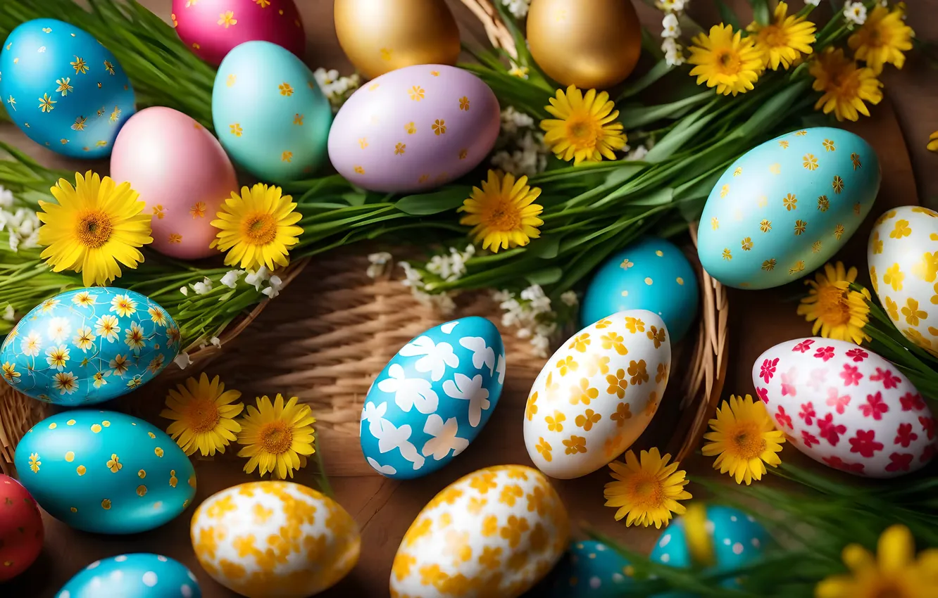 Photo wallpaper flowers, eggs, spring, colorful, Easter, flowers, spring, Easter