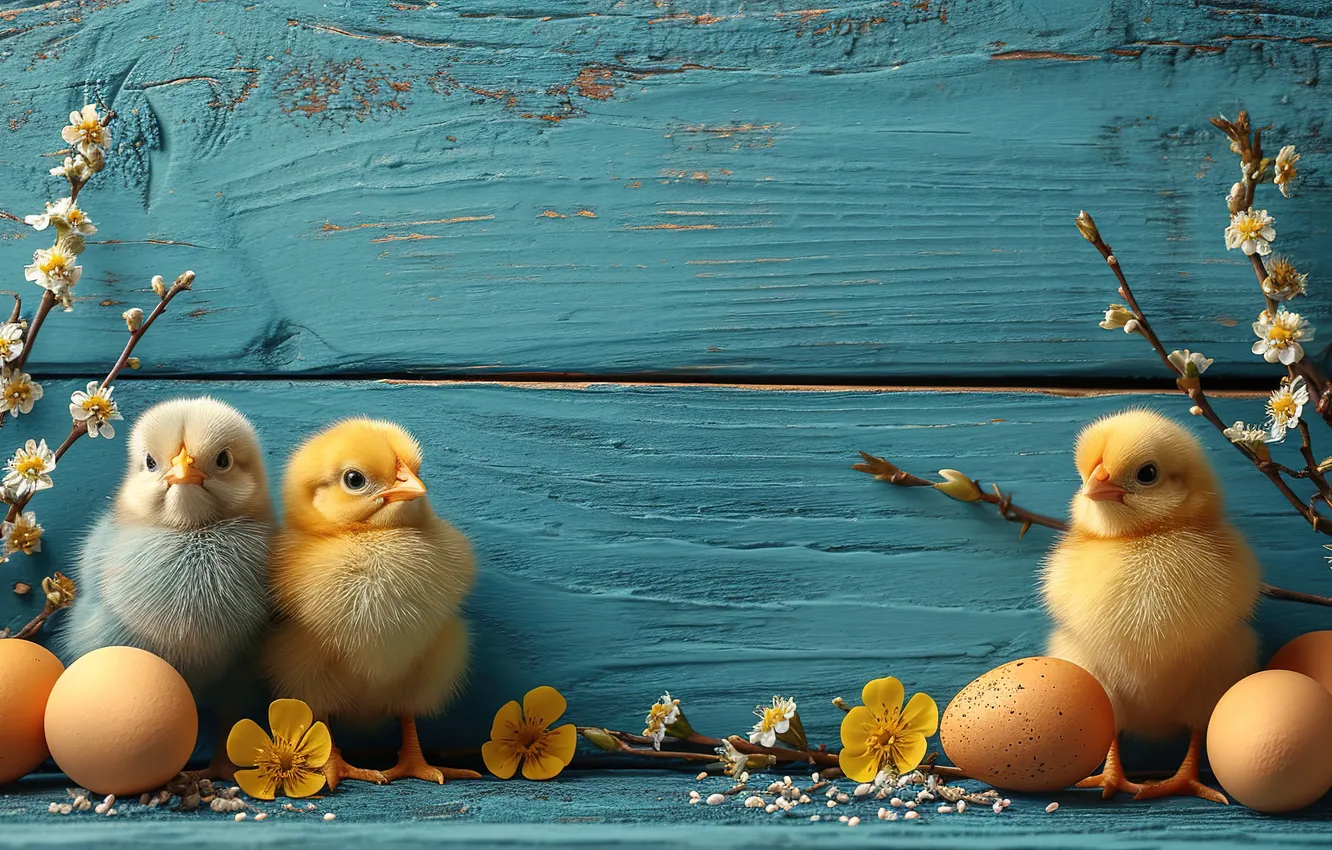 Photo wallpaper flowers, chickens, eggs, spring, colorful, Easter, flowers, spring