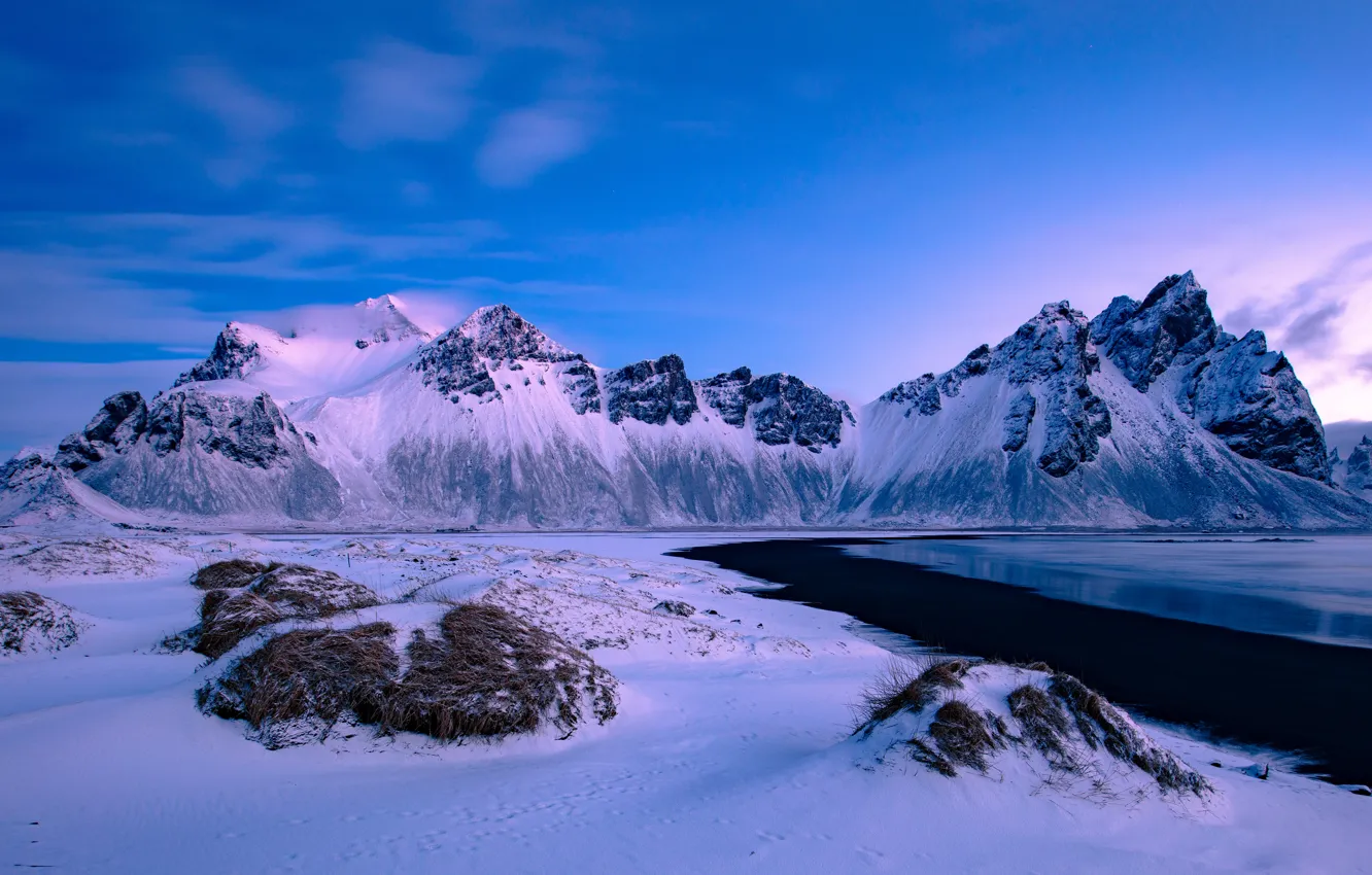 Photo wallpaper winter, sea, snow, mountains, coast, Iceland, Iceland, Stokksnes