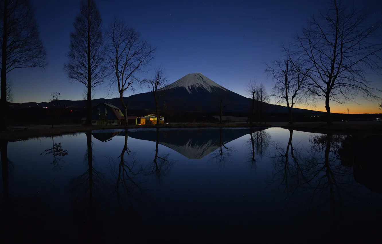 Photo wallpaper trees, lights, lake, house, the evening, Japan, mount Fuji