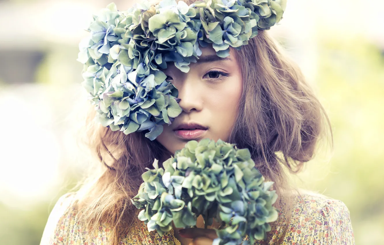 Photo wallpaper flowers, mood, Asian, wreath, hydrangea
