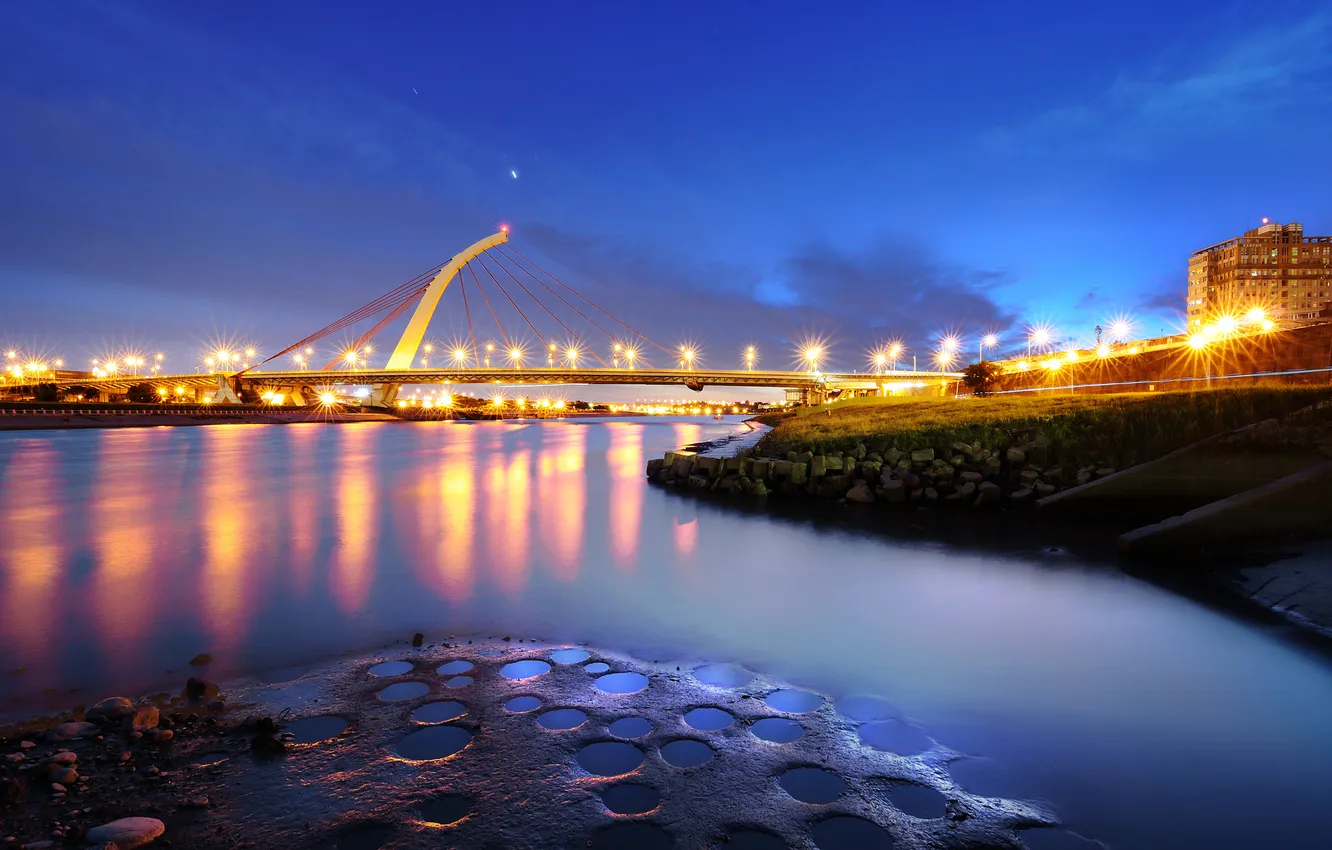 Photo wallpaper bridge, the city, lights, the evening
