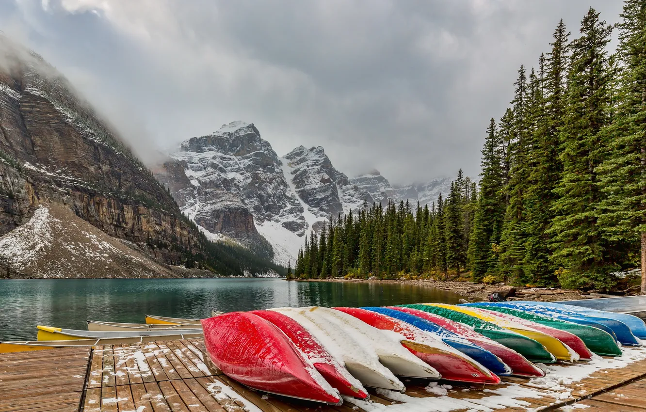 Photo wallpaper Banff National Park, Canada, Moraine Lake, canoes