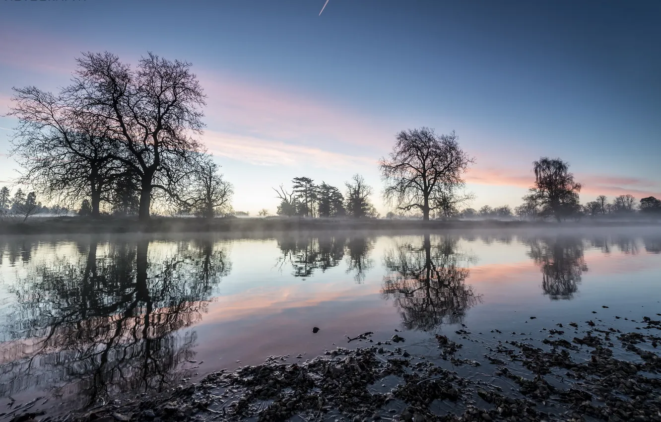 Photo wallpaper landscape, fog, river, morning