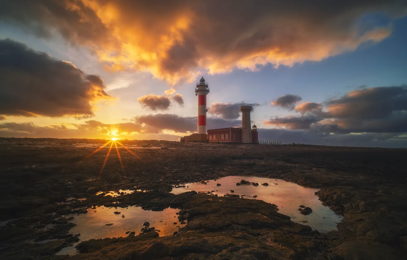 Photo wallpaper the sky, the sun, sunset, shore, lighthouse