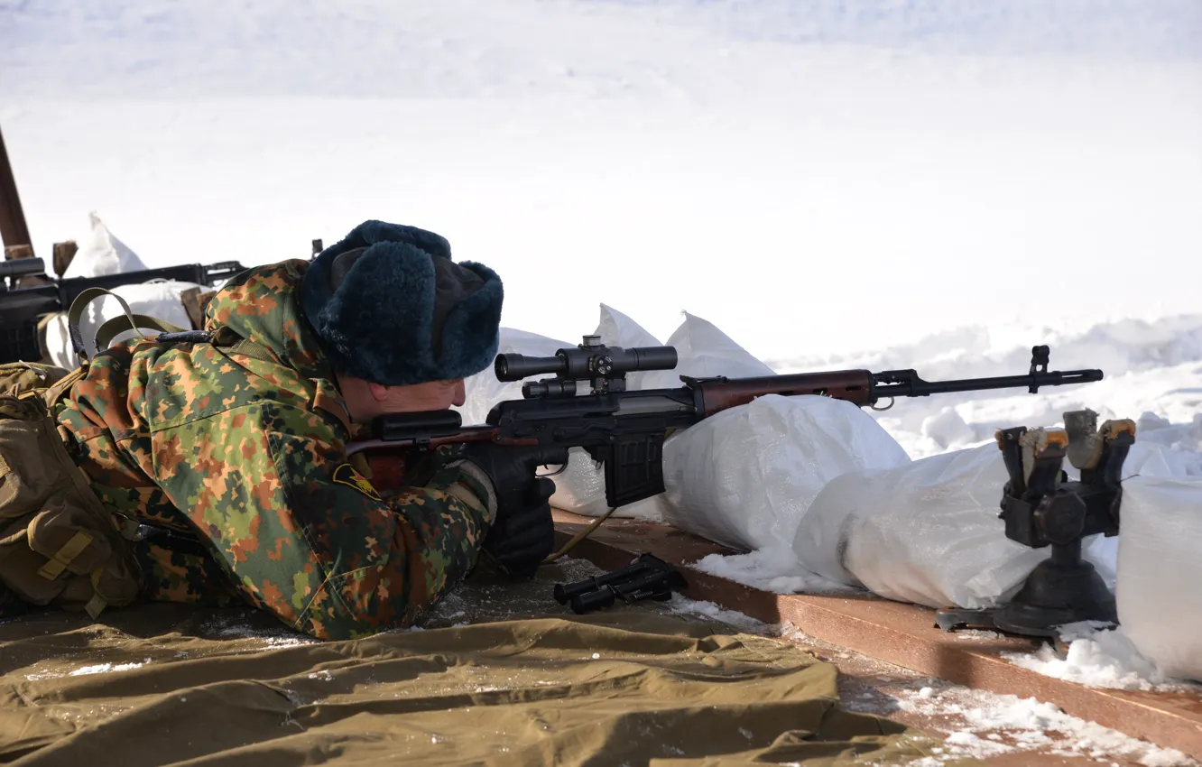 Photo wallpaper winter, weapons, people, goal, sniper, SVD, rifle, bags