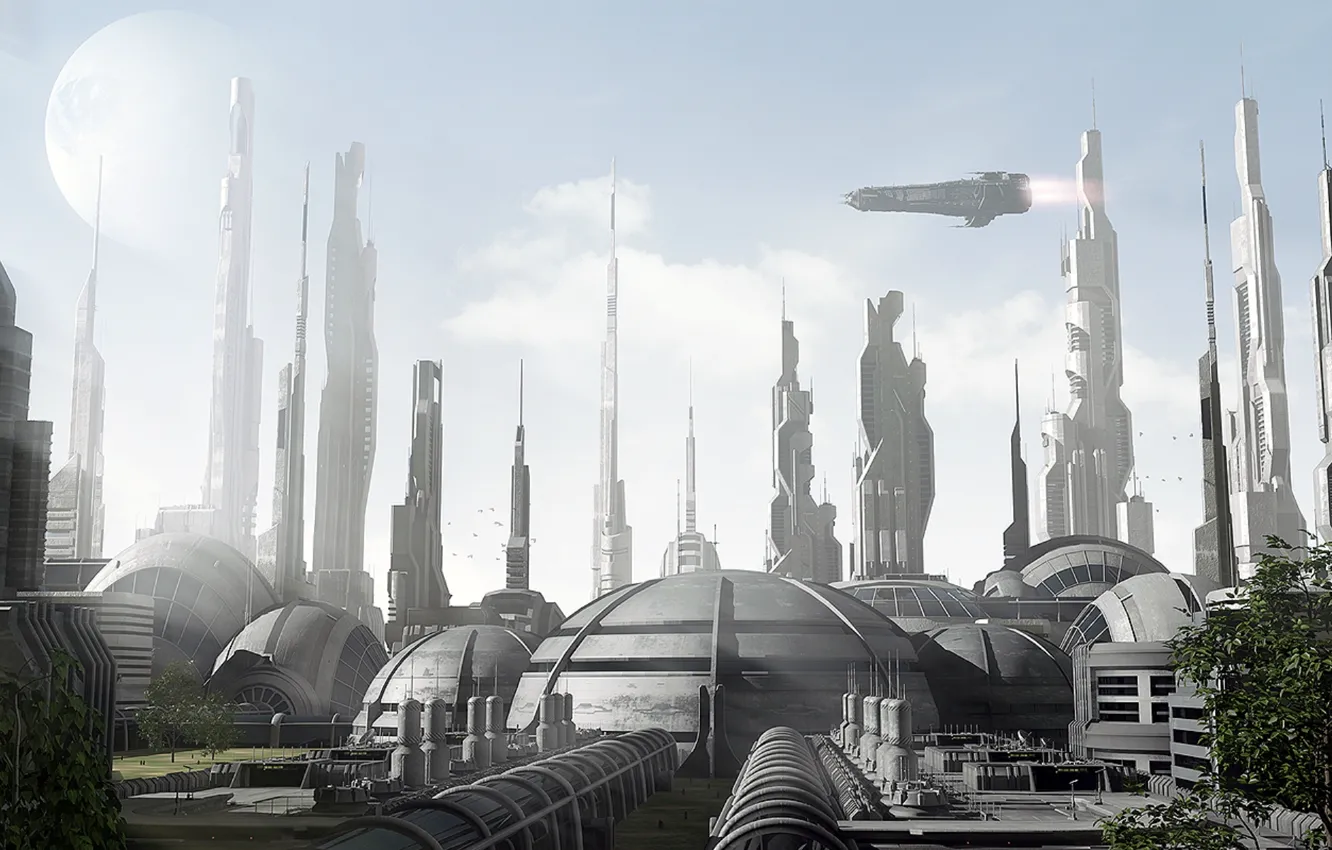 Photo wallpaper city, sky, couple, planet, spasceship