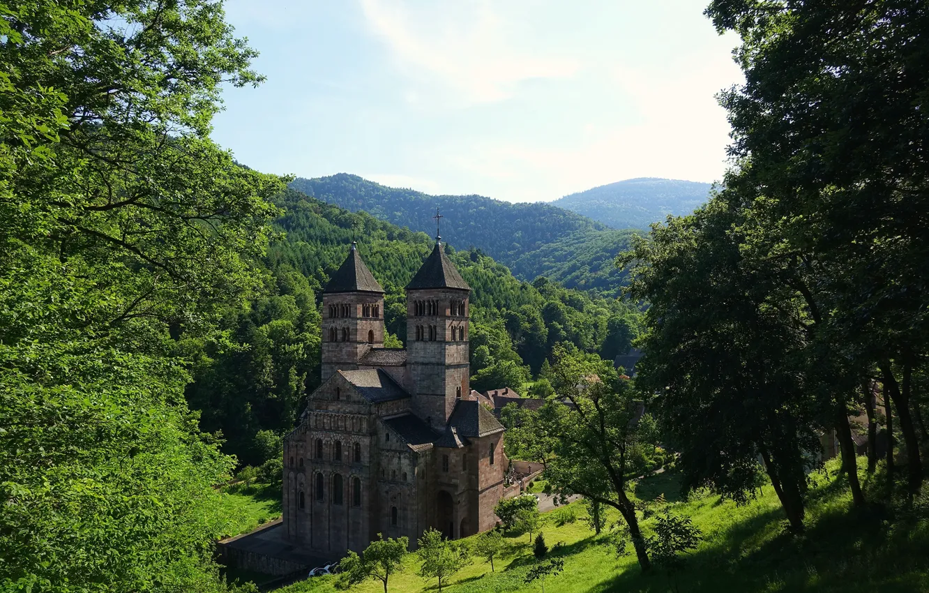 Photo wallpaper greens, forest, the sky, the sun, trees, mountains, castle, France