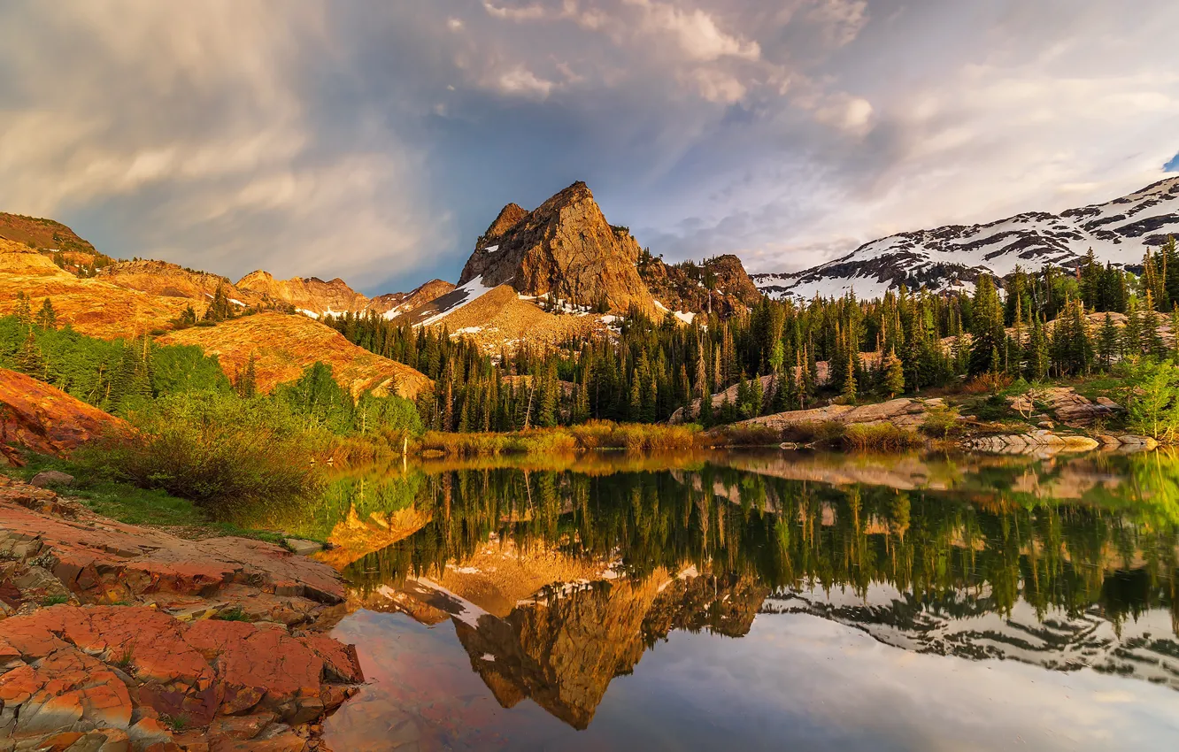 Photo wallpaper mountains, reflection, pond