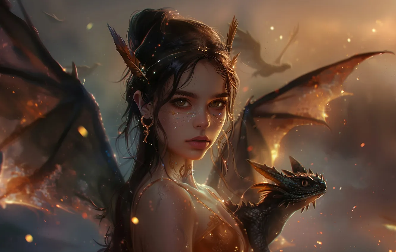 Photo wallpaper look, girl, light, flight, dragon, wings, brunette, fantasy