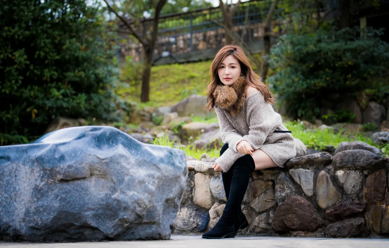 Photo wallpaper look, stones, Asian, sitting