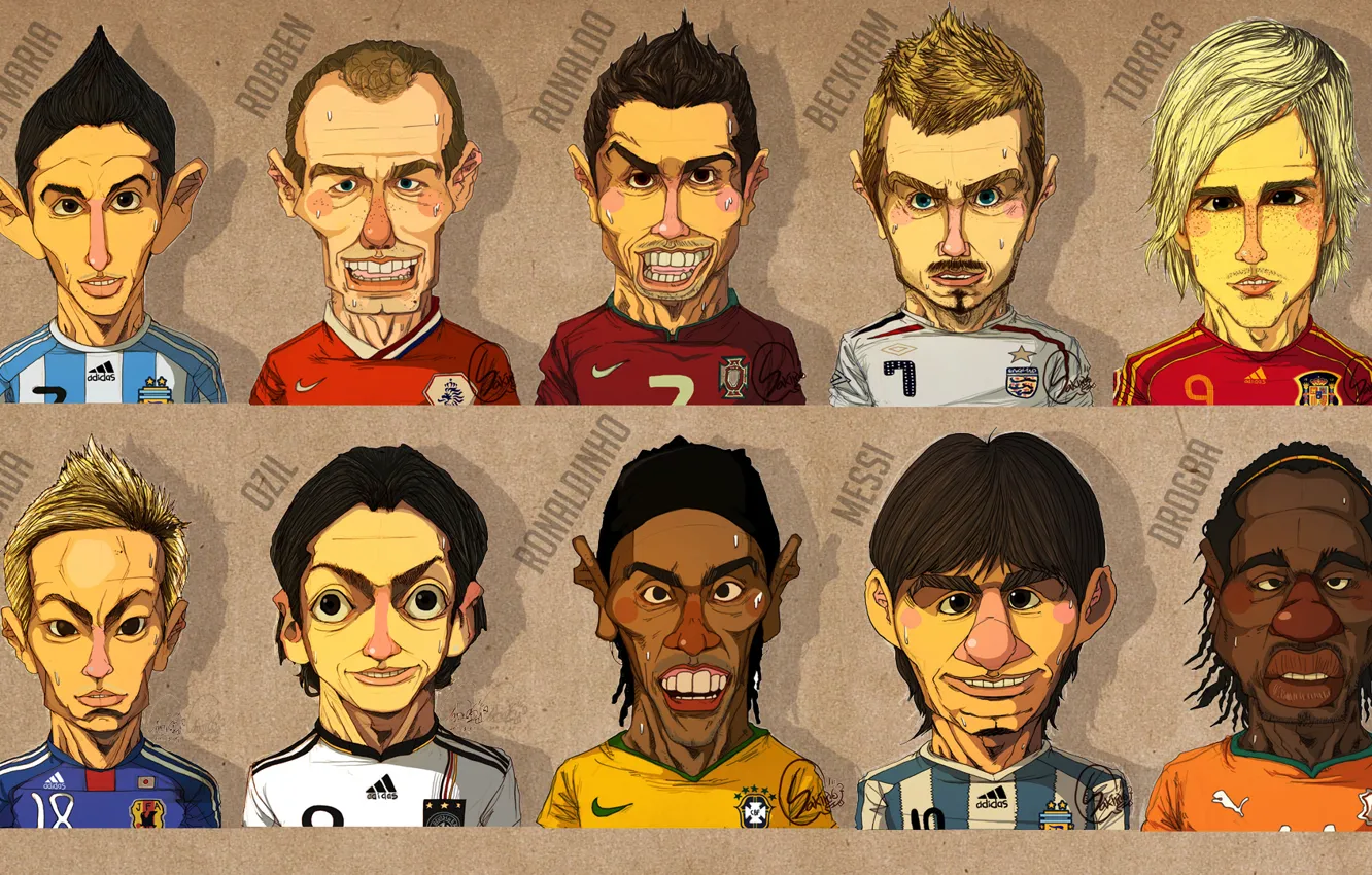 Photo wallpaper face, caricature, Honda, Ronaldinho, Robben, Torres, Ronaldo, Messi