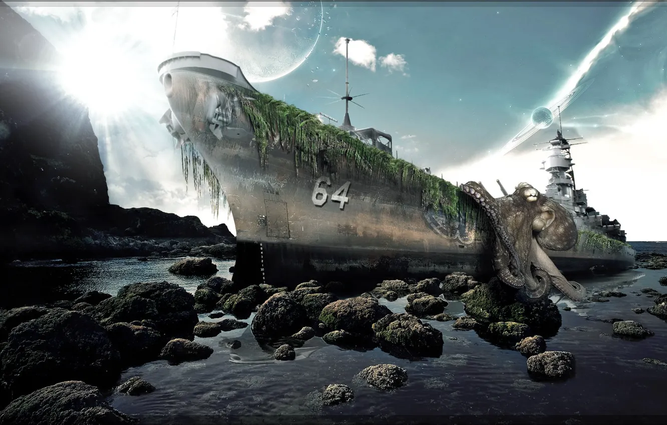 Photo wallpaper stones, collage, shore, ship, octopus