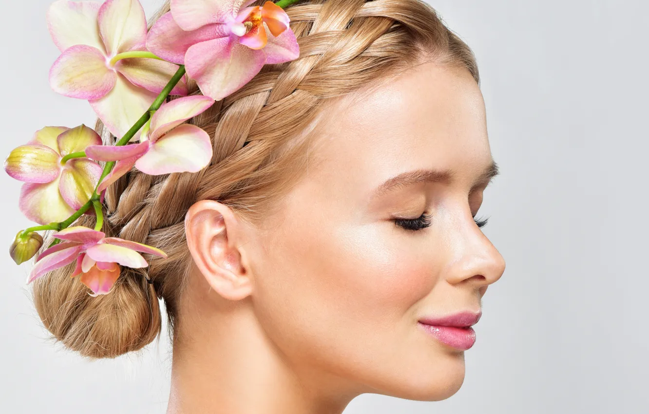 Photo wallpaper flowers, face, makeup, hairstyle, blonde, white background, profile, beauty