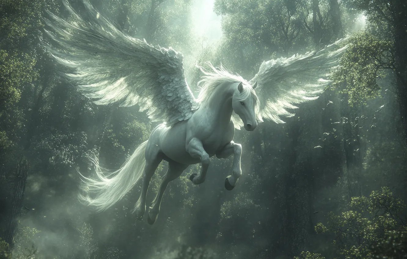 Photo wallpaper forest, trees, flight, horse, wings, Pegasus, digital art, AI art