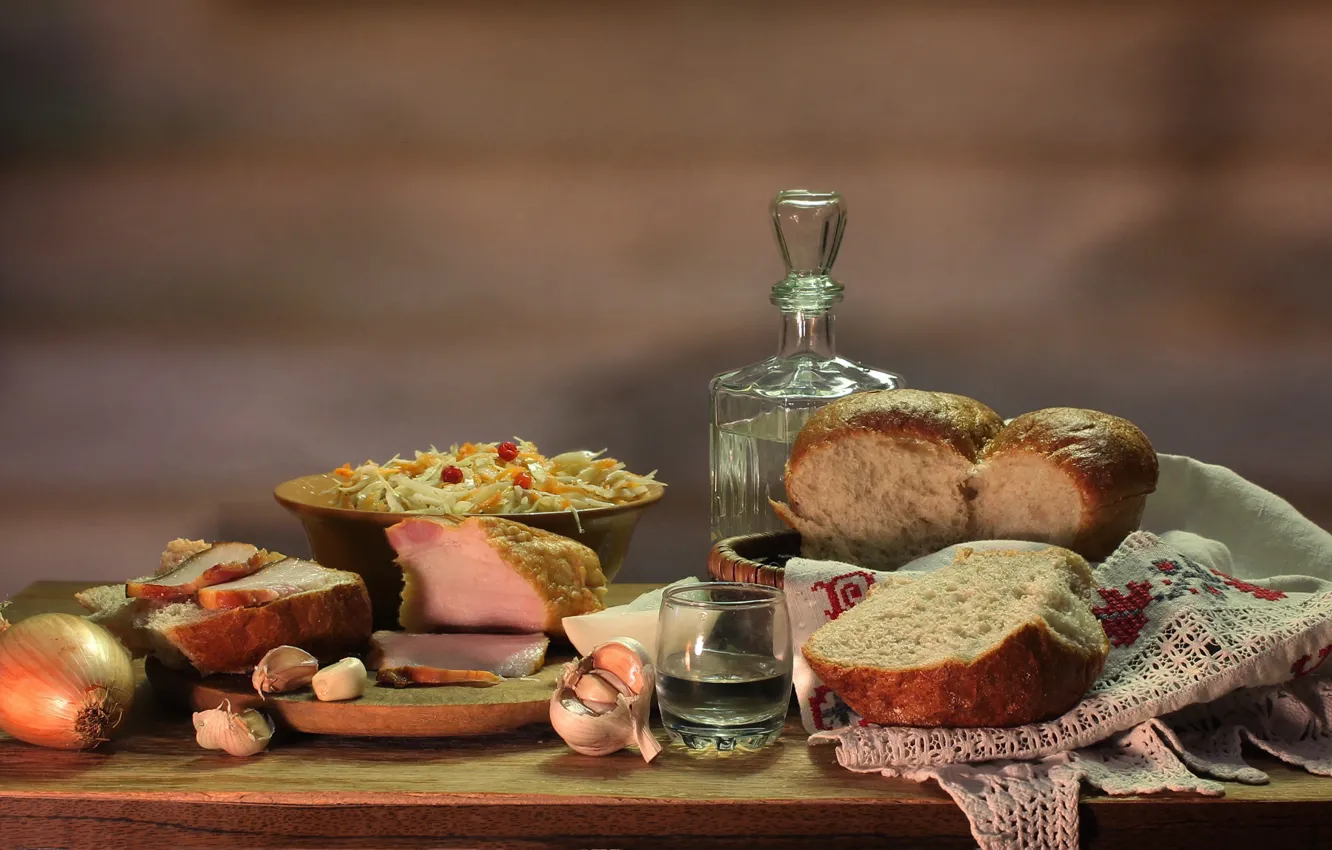 Photo wallpaper bread, cabbage, Still life, decanter, fat