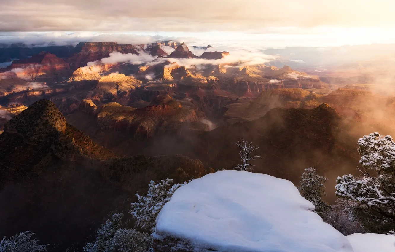 Photo wallpaper winter, the sky, clouds, light, snow, fog, canyon