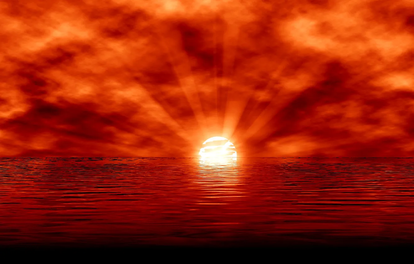 Photo wallpaper sea, the sky, the sun, clouds, rays, sunset, reflection