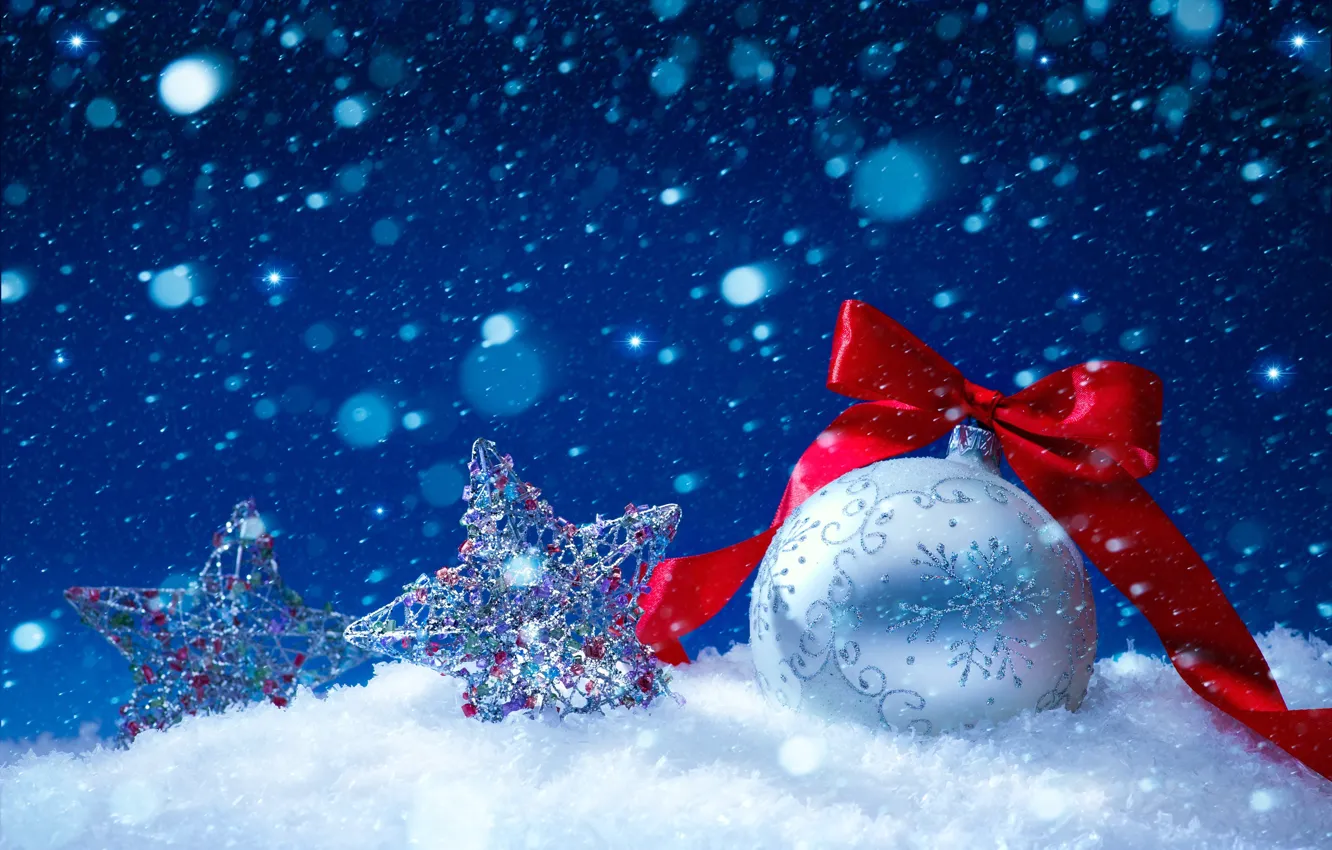 Photo wallpaper winter, stars, balls, snow, new year, ribbon, Christmas decorations