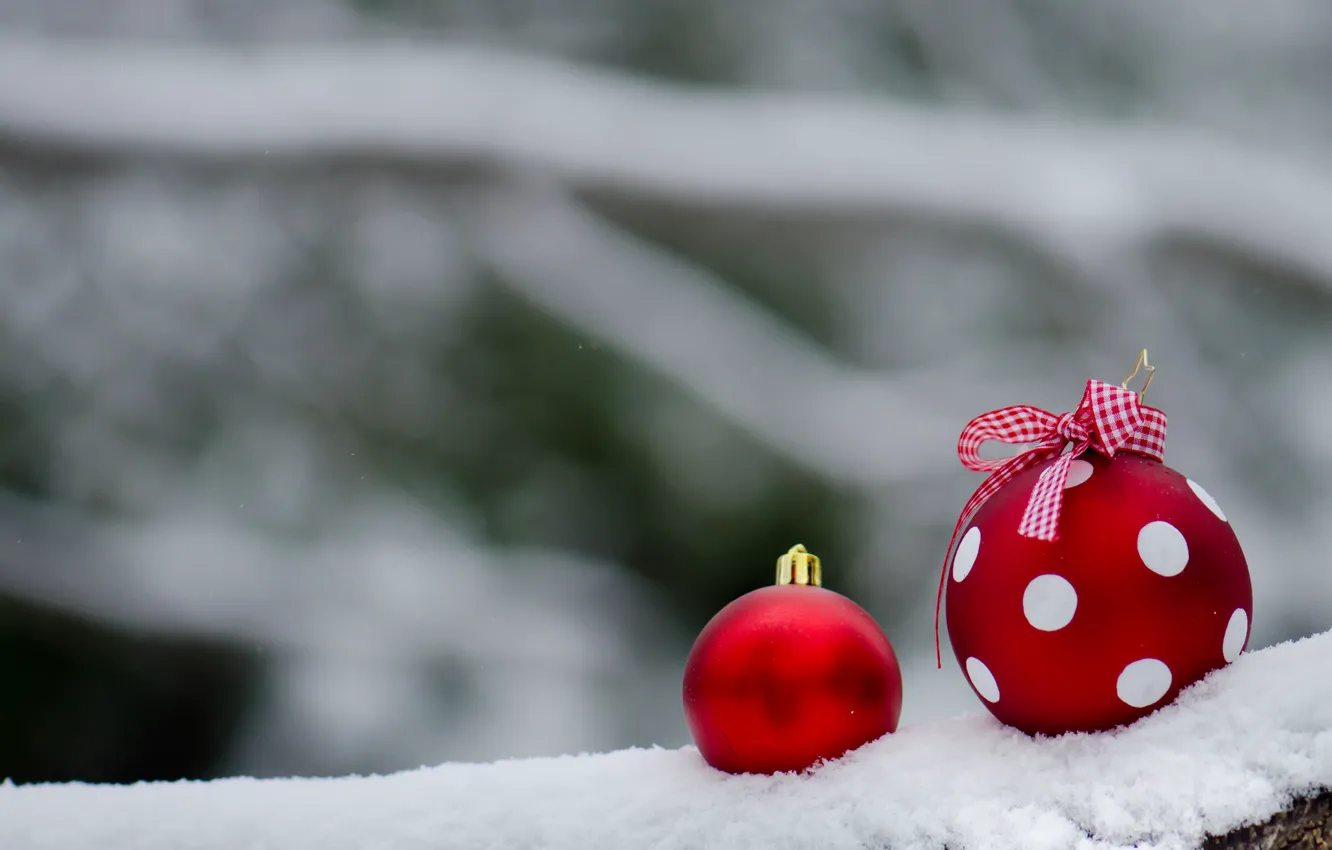 Photo wallpaper snow, balls, polka dot, red, New year, decoration, bow, Christmas