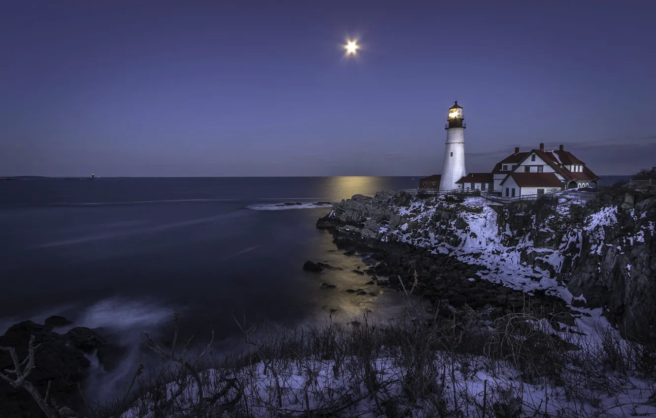Photo wallpaper winter, light, landscape, night, stones, the ocean, rocks, the moon
