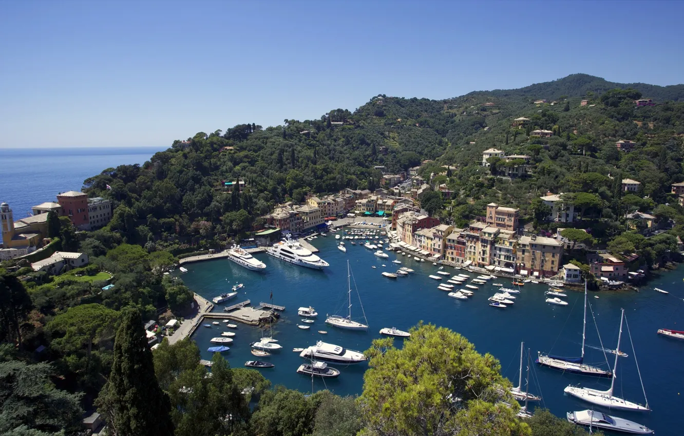 Photo wallpaper coast, Bay, yacht, boat, Italy, panorama, The Ligurian sea, Italia