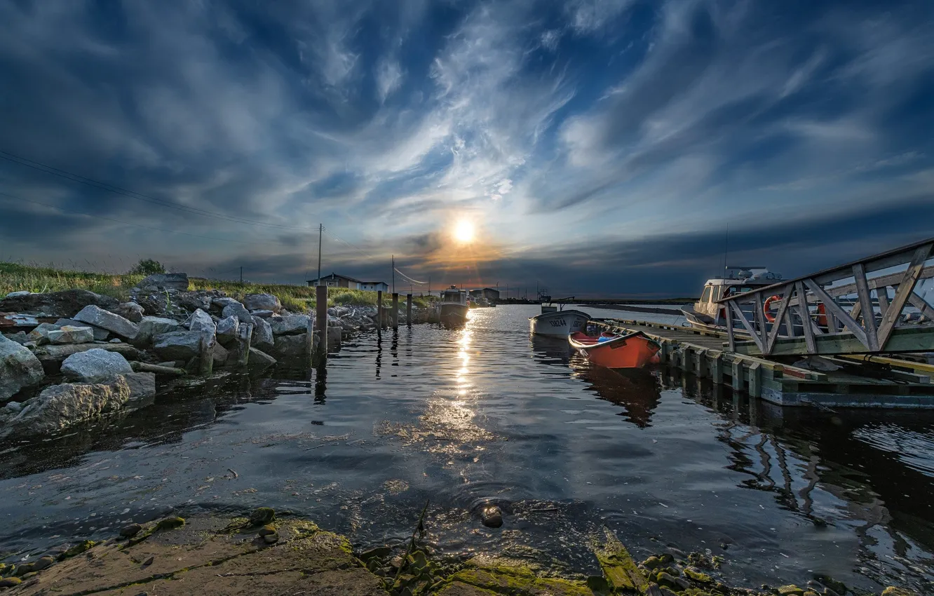 Photo wallpaper dawn, boat, Marina, morning