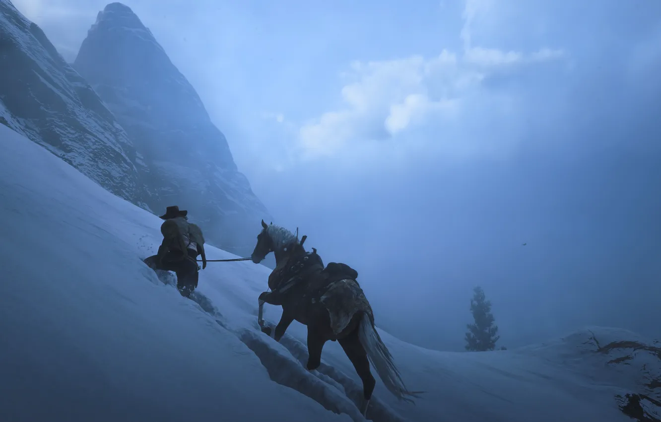 Photo wallpaper Winter, Mountain, Snow, Cold, Horse, Arthur, Read Dead Redemption 2