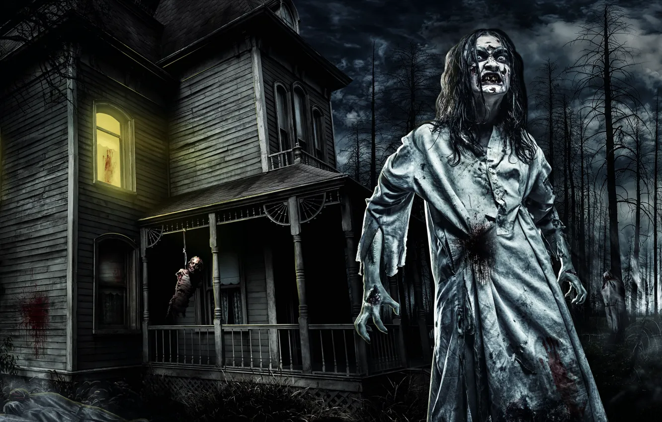 Photo wallpaper look, trees, night, blood, woman, home, zombies, Halloween