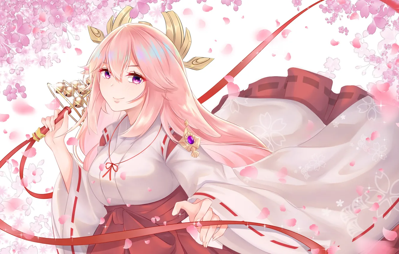 Photo wallpaper gadis kawaii, dampak genshin, yae miko genshin impact