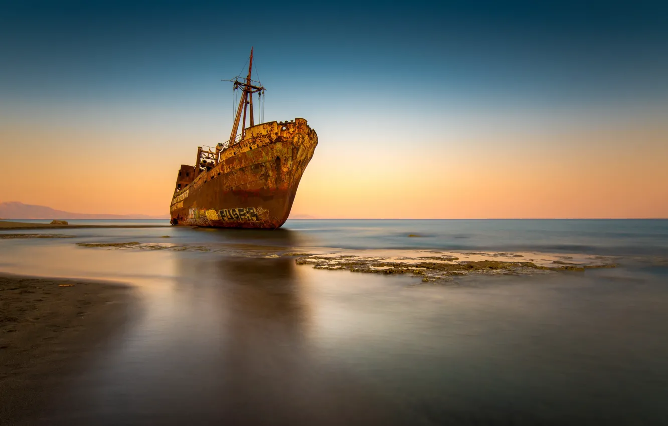 Photo wallpaper sea, sunset, shore, ship