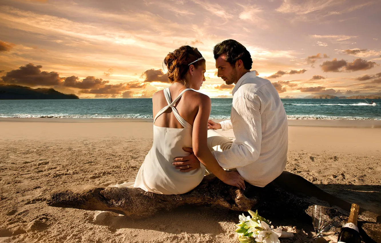 Photo wallpaper beach, girl, love, sunset, romance, woman, male, the couple