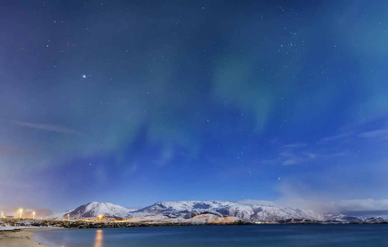 Photo wallpaper winter, stars, lake, the evening, hoary