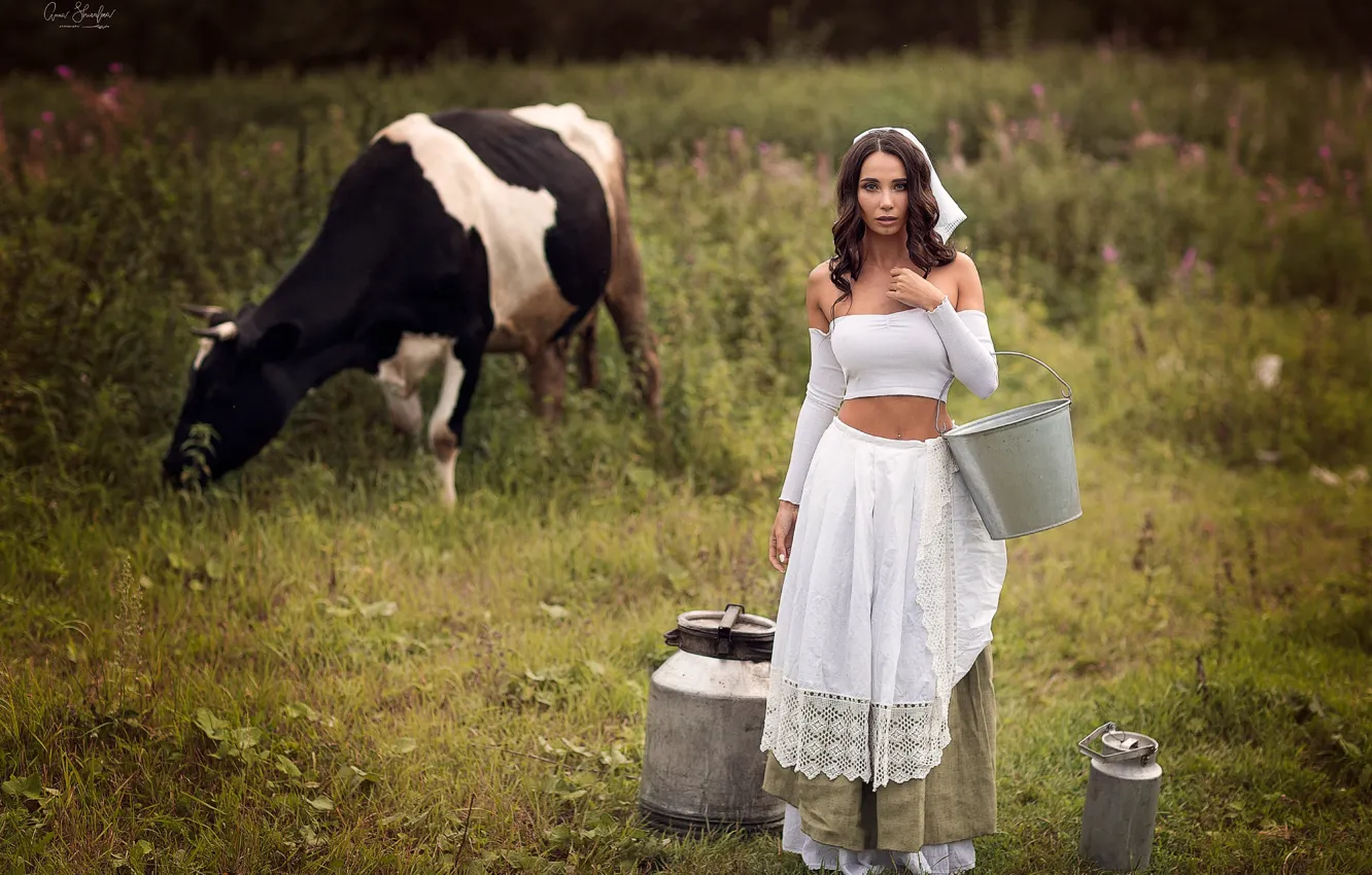 Photo wallpaper girl, cow, meadow, bucket, cans, milkmaid, Anna Shuvalova