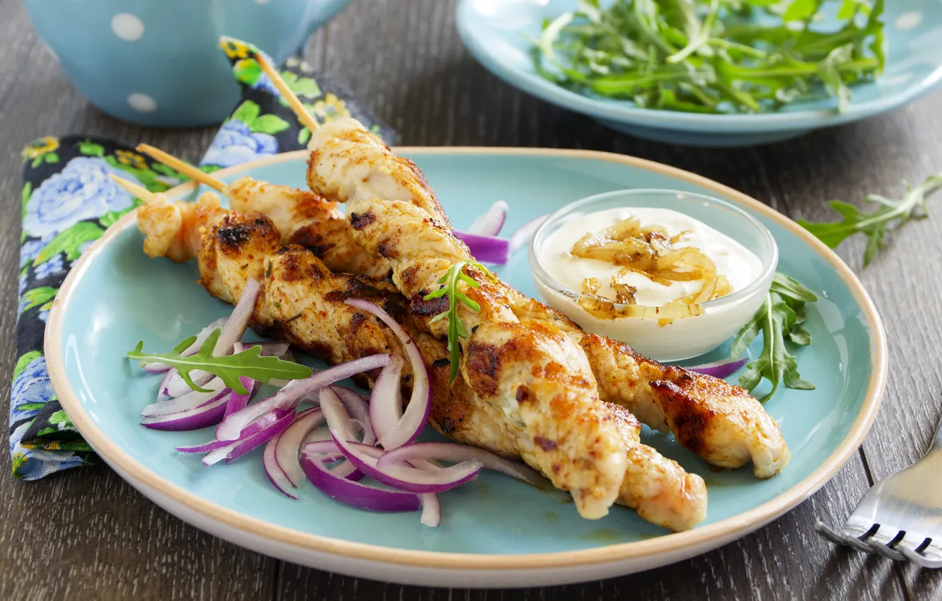 Photo wallpaper greens, bow, BBQ, sauce, greens, onion, sauce, beef skewers