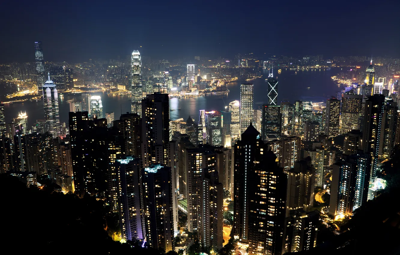 Photo wallpaper night, lights, Hong Kong, skyscrapers, panorama, China, megapolis