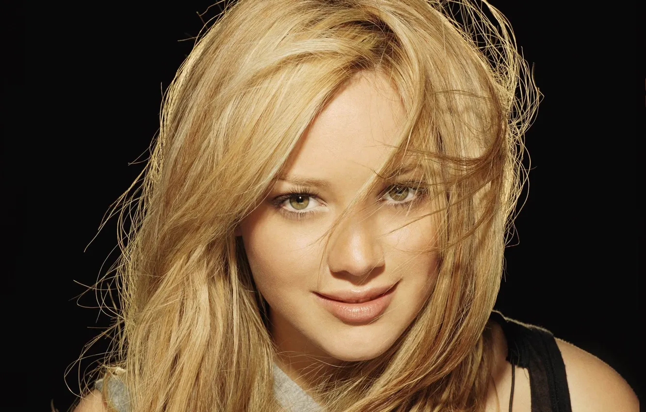 Photo wallpaper look, smile, hair, blonde, lips, black background, Hilary Duff, shoulders