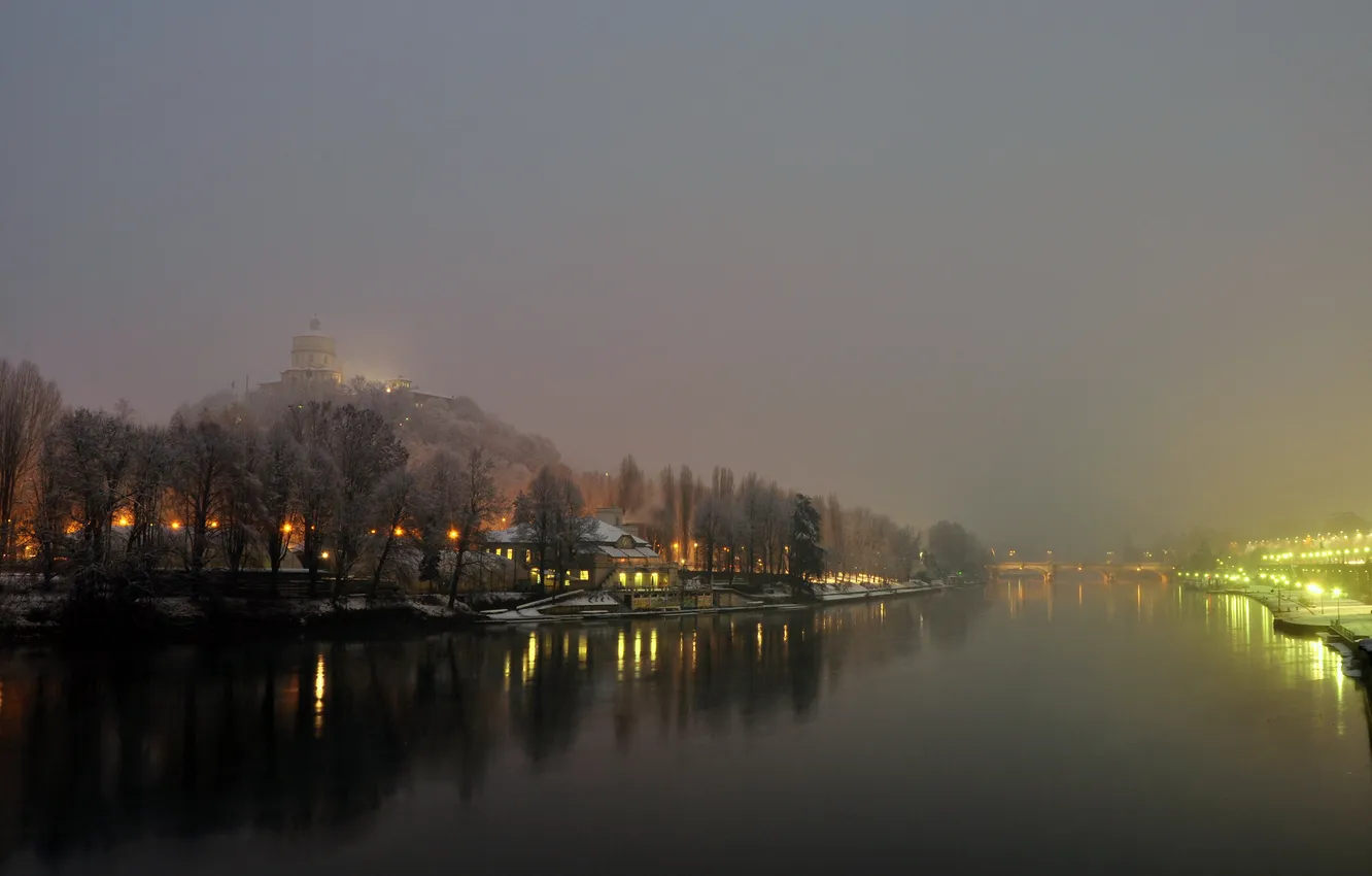 Photo wallpaper winter, lights, fog, river, the evening, Italy, Turin