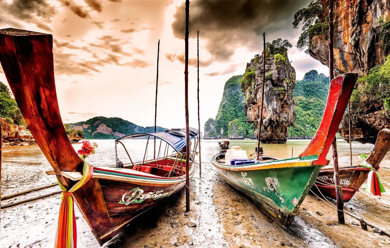 Photo wallpaper sea, trees, mountains, boat