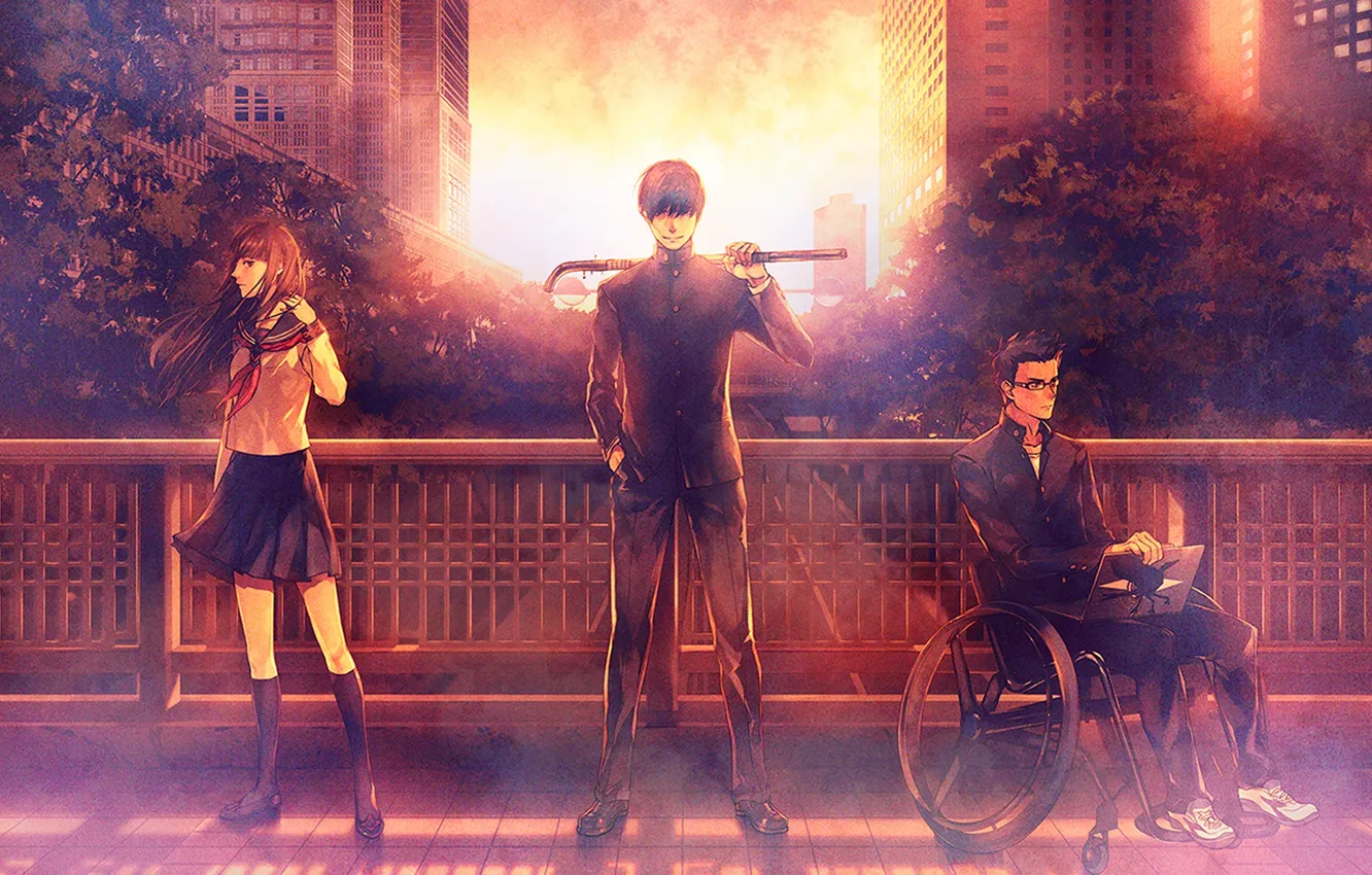 Photo wallpaper girl, sunset, bridge, the city, glasses, laptop, guy, school uniform