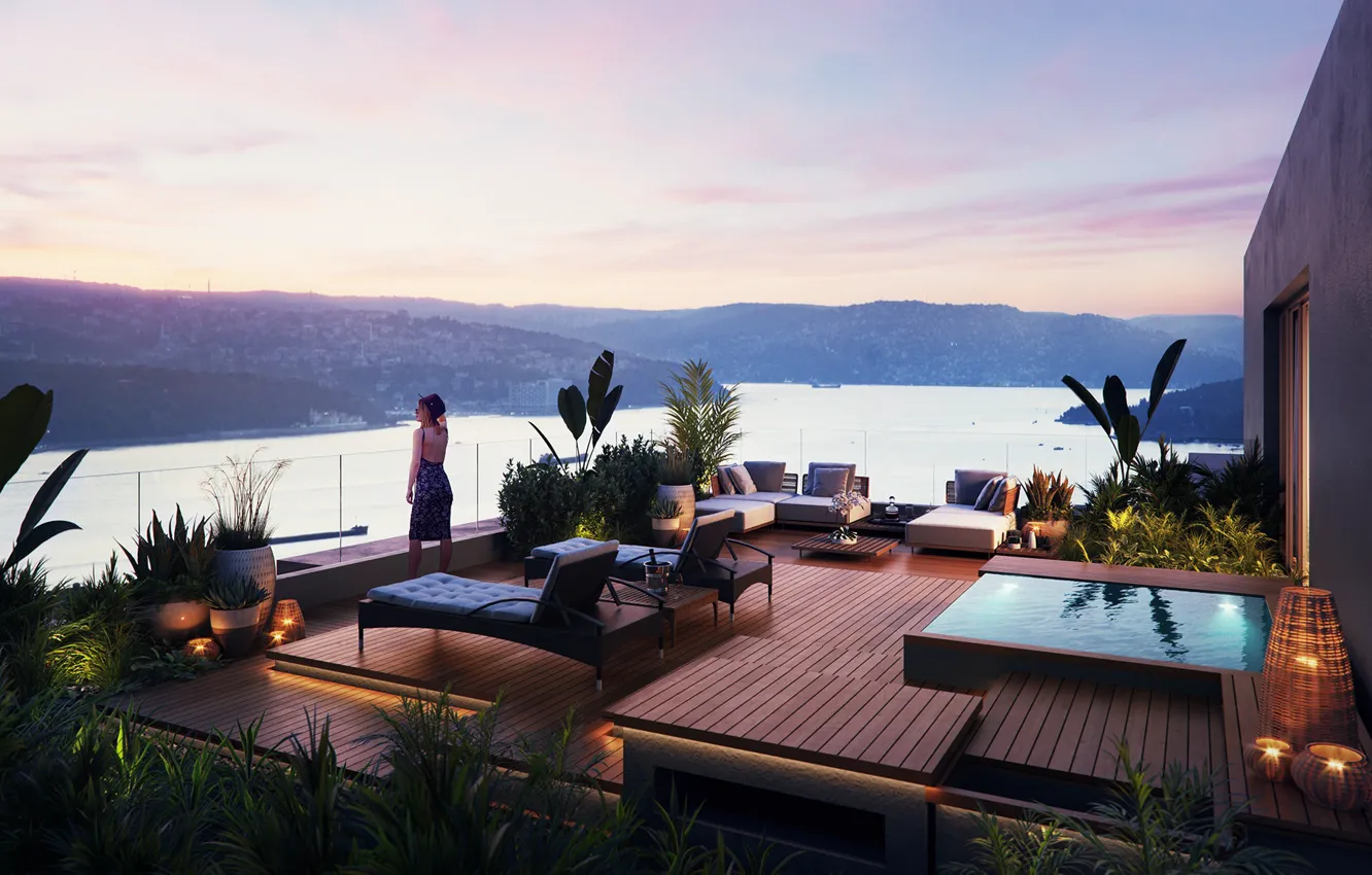 Photo wallpaper the sky, mountains, interior, pond, Beykoz Housing Project at Bosphorus